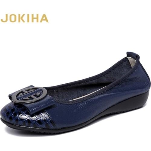 2020 Women Fashion Flats Shoes Cow Leather Shoes Women Round Toe Loafers Woman Ballet Flats Shoes Girls Cute Golden Shoe 42