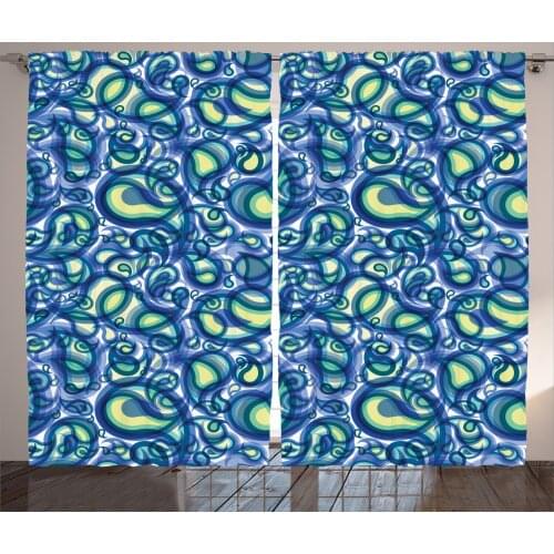 Bubbly Blue Paisley Curtains Abstract Quriky Drops Satin Fabric Drapes for Living Room Bedroom 2 Panel Window Set