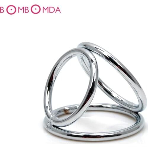 Free shipping Men Metal Penis Delay Cock Ring Triple Stainless Steel Cock Ball Stretcher Delay Ring hot sale O15