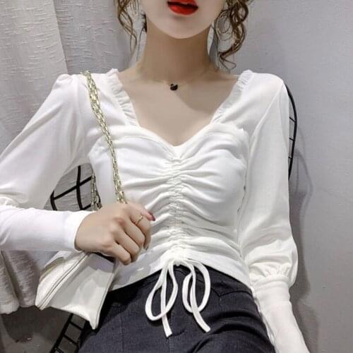 Womens Spring Autumn Style Blouse Shirt Womens Solid Color Lace Up Long Sleeve Square Neck Elegant Sweet Tops SP1068