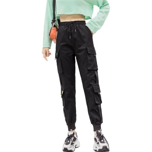 Women Fashion Streetwear Cargo Pants Black Ankle Length Elastic Waist Joggers Female Loose Trousers Casual Plus Size Haren Pants
