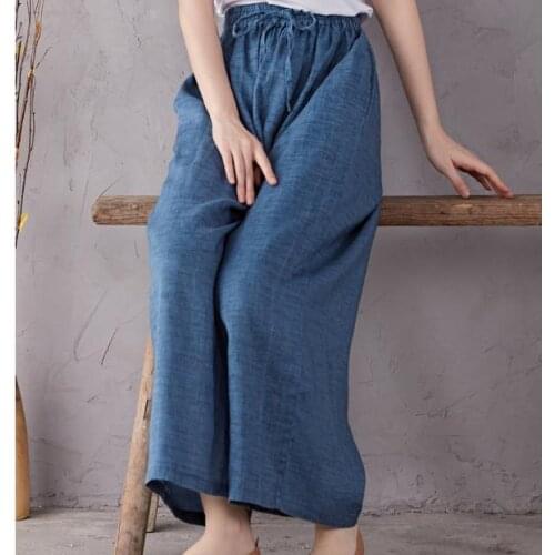 Wide leg pants, cropped pants, elastic drawstring, high waist, thin style Linen Pants 0507