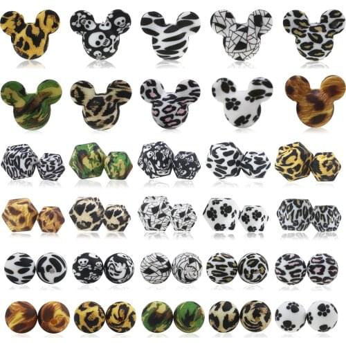 Silicone Beads 50Pcs Leopard Print 13/15/17mm Baby Teether Teething Bead Mickey Hexagon Jewelry BPA Free Pacifier Clip Making