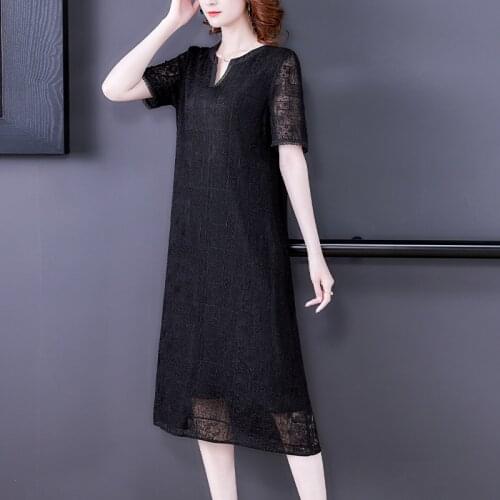 Black Lace Embroidery Casual Loose Midi Dress 2021 Summer Vinatge 5XL Plus Size Solid Dress Women Elegant Bodycon Party Vestidos