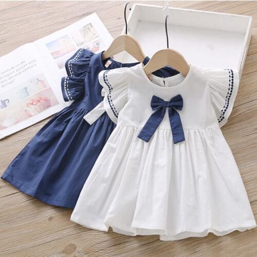 Children Girls Summer Short Sleeve Princess Dress Navy Style White Royal Blue 90-130 TZ01