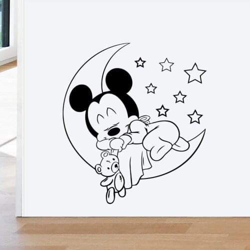 Disney Sleeping Mickey Moon Stars Wall Stickers For Kids Room Home Decor Bedroom Cartoon Wall Decal Vinyl Mural Art Diy Poster