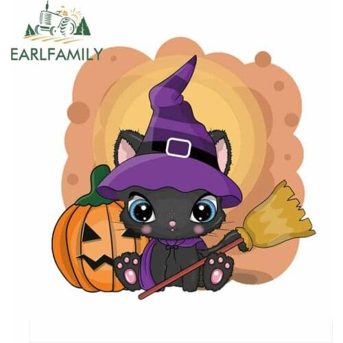 EARLFAMILY 13cm x 12.9cm for Cute Halloween Cartoon Cat with Pumpkin DIY Motorcycle Car Stickers Waterproof Car Styling Decal
