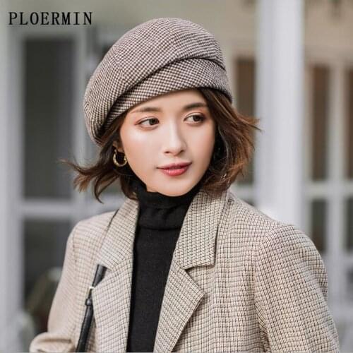 PLOERMIN Elegant Women Plaid Beret For fashion Winter Female Cotton Wool Hats Cap Autumn 2019 Brand New Womens Painter Hat