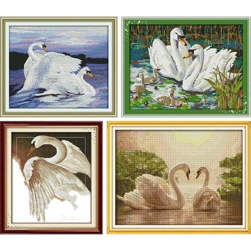 Joy Sunday Two Swans 11CT14CT Animal Printed Pattern DMCcross Stitch Kit Counted Needlework on Canvas Embroidery Set Handicraft