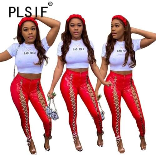 European Style Red Skinny Pencil Pant Lace Up Leather Slim Trousers For Woman Sexy Spring Capris