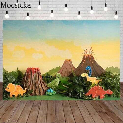 Mocsicka Cartoon Dinosaur Baby Shower Backdrop Volcanic Theme Children Birthday Photography Backgrounds Decoration Props Studio