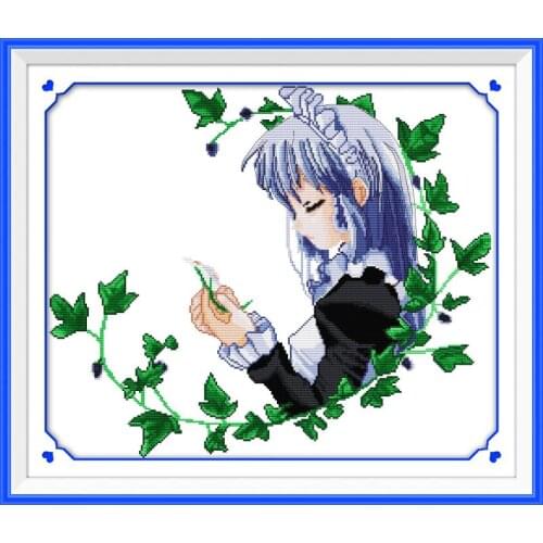 Joy Sunday Counted Printed on Canvas Leaf Beauty Portrait Painting 11CT 14CT DMS Precise Printed Pattern DIY Embroidery Sets