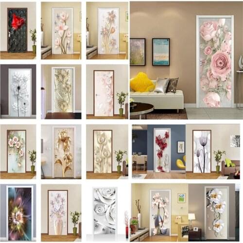 Pink Flower Door Sticker 3D Wallpaper Porch Bedroom Decoration PVC Poster Mural Peel & Stick Removable Wall Decal Home Art Decor