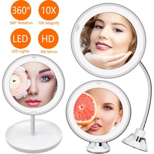 New 10X LED Light Makeup Mirror Lamp Magnifier Battery Portable Hand Vanity Glass Mini Miroir Bathroom Cosmetic Bath Suction Cup