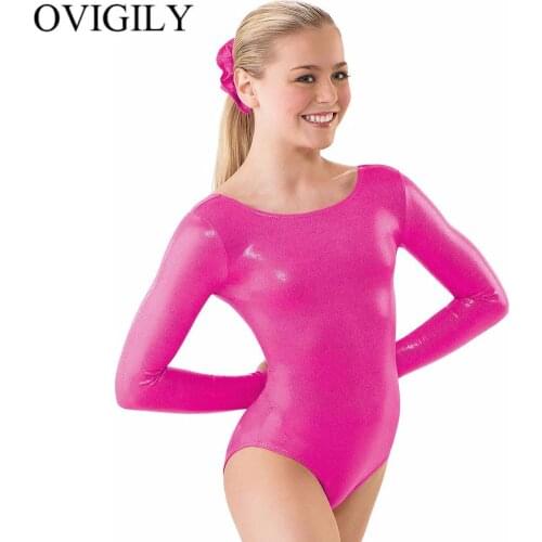 OVIGILY Silver Womens Long Sleeve Metallic Leotard Gymnastics Ballet Dance Bodysuit Lycra Spandex Leotards For Stage Performance