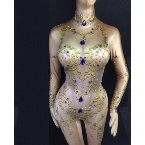Sexy Leotard Nude Spandex Jazz Rhinestones Costume Stage Performance Dance Wear Singer Ring Acrobatics Dancing Bodysuit DJ354