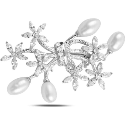 Silverlina Silver Pearl & Zircon Crystal Brooch