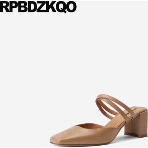 High Heels Genuine Leather Medium Thick Square Toe Chunky Pumps Mary Janes Women Shoes Strap Casual Mules Slipper Ladies Chic