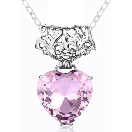 Solid 925 Sterling Silver Womens Wedding Pendants Heart Kawaii Pink Crystal Match Delicate Hollow Carving For Woman Jewelry