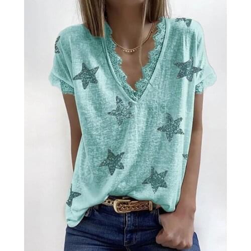 Women 2021 T Shirts V-Neck Summer Short Sleeve Tees Fashion Loose Stars Print Lace Splice Plus Size 5XL Female Tops Shirt