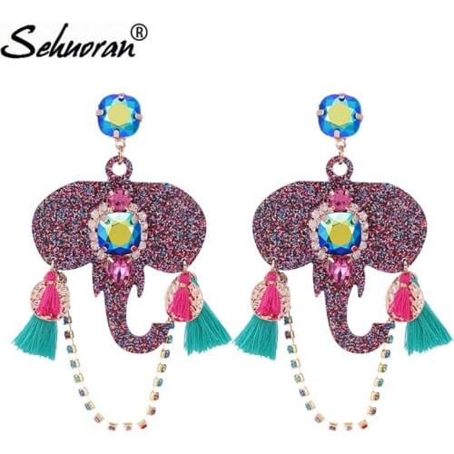 Sehuoran Resin Elephant Head Pendients Drop Earrings For Woman Bohemian Oorbellen Fashion Party Dangle Earrings Tassel Jewelry