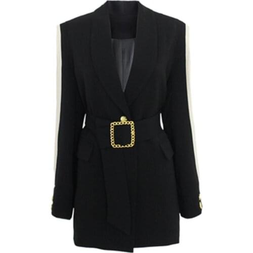 Women Blazers NEW high quality Casual summer British style color matching mid-length thin Loose belted tie suit women coat