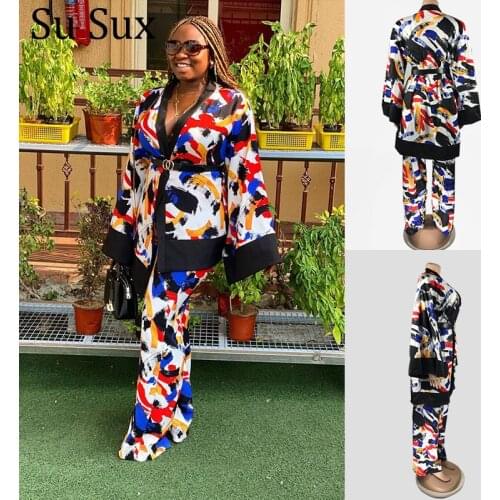 2021 New Spring 2 Piece Set Casual Tracksuit Women Flare Sleeve Patchwork Long Top and Long Pants Suit Outfits Vestidos African