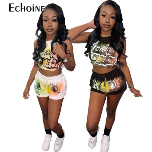 Echoine Summer Women Fashion print tracksuit Two Piece Set Vest Crop Top and Biker Shorts Beach Sexy Cute Loose Shorts outfits