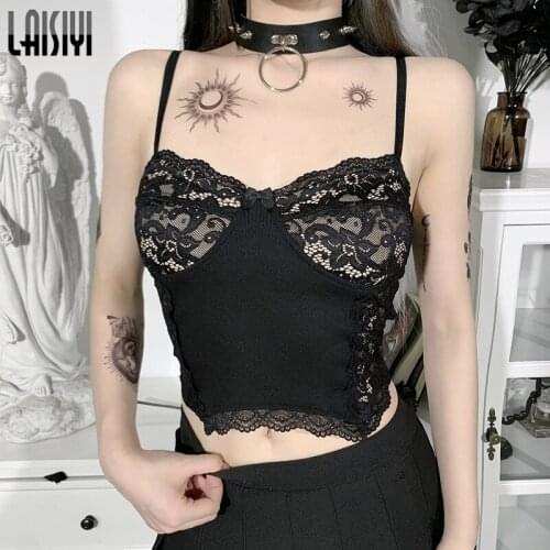 LAISIYI With Lace Patchwork Sexy Skinny Fashion Camisole Tops Backless Casual Aesthetic Grunge Female Camis Crop Top Streetwear