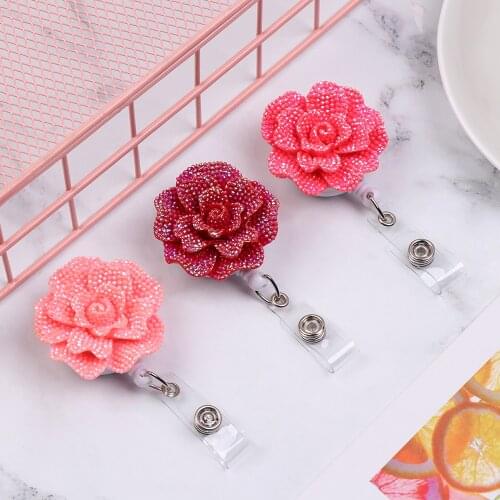 1PC New Resin Rose Shape Retractable Nurse Badge Anti-Lost Clip Key Ring Lanyards Doctor ID Card Badge Holder Office Supplies