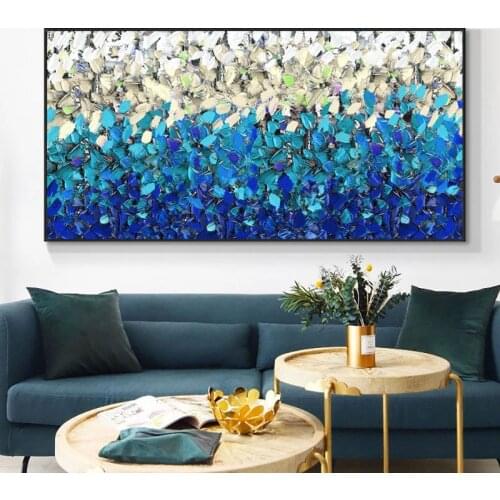 100% Hand Painted Oil Painting Abstract Blue Cream White On Canvas Thick Palette Knife Painting Wall Art For Home Decor No Frame