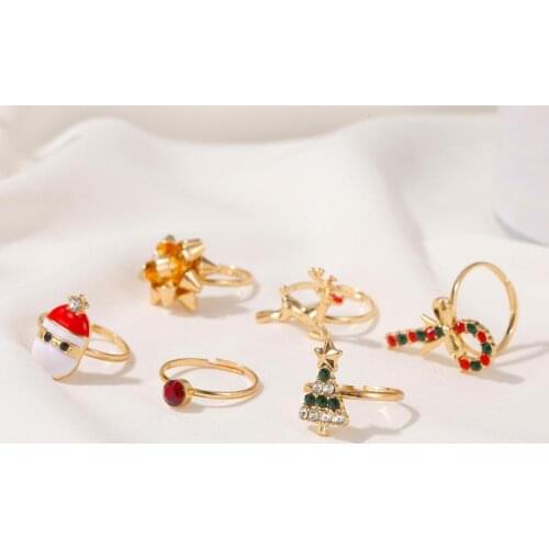 6Pcs/Set Beautiful Cute Christmas Rings Adjustable Delicate Alloy Anti-rust Skin-friendly Christmas Santa Rings for Festival