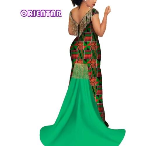African Dresses for Women Sexy V-neck Backless Long Maxi Dress with Tassel African Print Party Long Dress Private Custom WY5059