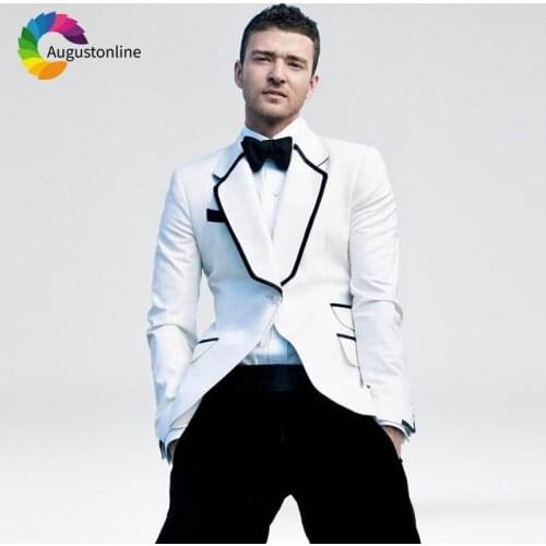 Custom Made White Men Suit Slim Fit Groom Tuxedo Black Pants 2Piece Beach Wedding Suits Best Man Blazer Jacket Terno Masculino