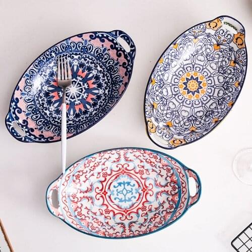 Binaural Ceramic Dish Creative Main Home Deep Hand-painted Retro Underglaze China Plates For es and Sets