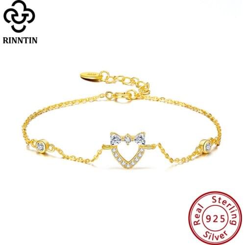 Rinntin14K Gold Plated 925 Sterling Silver Heart Charm Bracelets for Women Bangles & Bracelets Anniversary Jewlery Gifts SB97