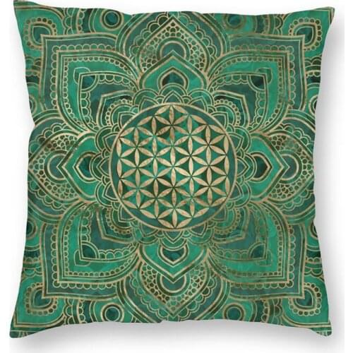 Flower Of Life In Lotus Cushion Covers Sofa Home Decorative Malachite And Gold Square Throw Pillow Case 45x45cm
