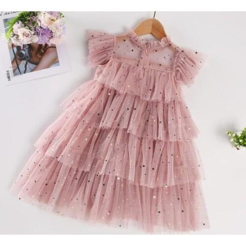Children Girls Pink Star Mesh Cake Dresses, Princess Kids Sweet Dance Clothing 6 pieces/lot Wholesale