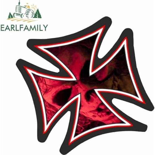 EARLFAMILY 13cm x 13cm Car Sticker for Iron Cross Red Zombie Style Skull Motif External Vinyl JDM SUV 4X4 Rear Windshield Decal