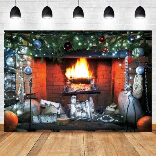 Christmas Fireplace Backdrop For Photography Glitter Pine Leaves Pumpkin Gift Party Home Decor Photozone Photographic Background