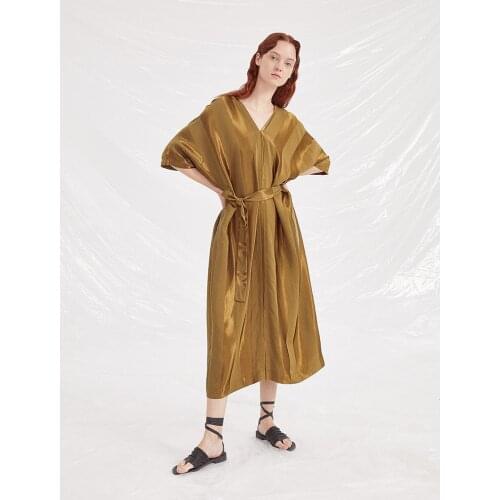 IRINAY173 2019 ss collection v neck belted short sleeves oversized long women dress summer