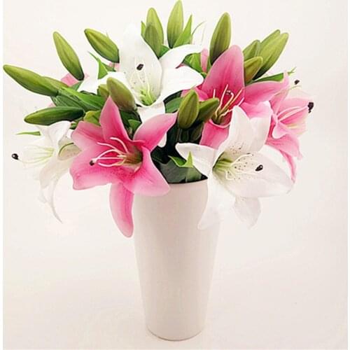 New Fashion Floace 1Pcs(1 flower + 2 Head bud) Pvc Perfume Lily Fresh Style Desk Ornaments Artificial Flowers Home Decora P0.2