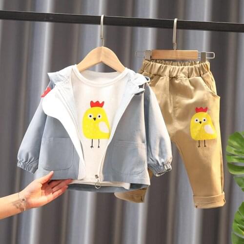 Children New Boys Clothing Set Spring Autumn 3 Piece Cartoon Chick Hooded Coat+Shirt+Pants Suits Cotton Kids Baby Girls Clothes