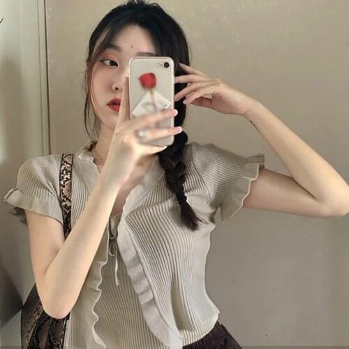 Korean Solid Color Casual Wild Short Sleeved Shirt Knitted Slim Crop Top Womens Cut Sweet Outer Wear Lace-Up Cardigan Blouse