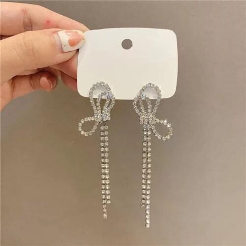 Korean Small Bowknot Long Tassel Clip on Earrings Female Temperament Light Luxury Rhinestone Bow Clip Earrings No Piercing