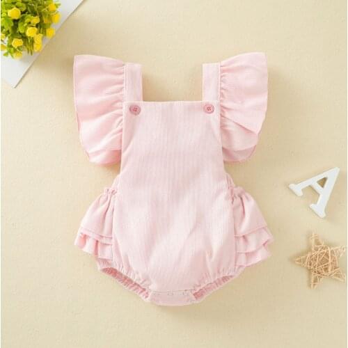 Summer Newborn Baby Girls Romper Fashion Sweet Cute Fly Sleeve Square Neck Backless Solid Color Button Bodysuit