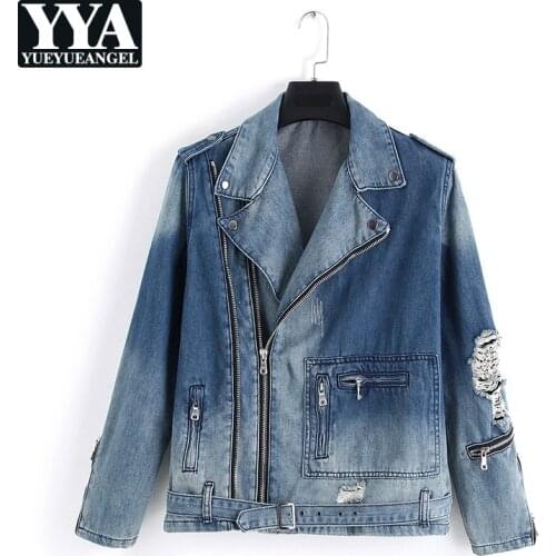 Harajuku Mens Denim Jacket Zipper Adjustable Belted Punk Style Slim Fit Cowboy Coat Casual Vintage Moto Biker Hole Ripped Jacket