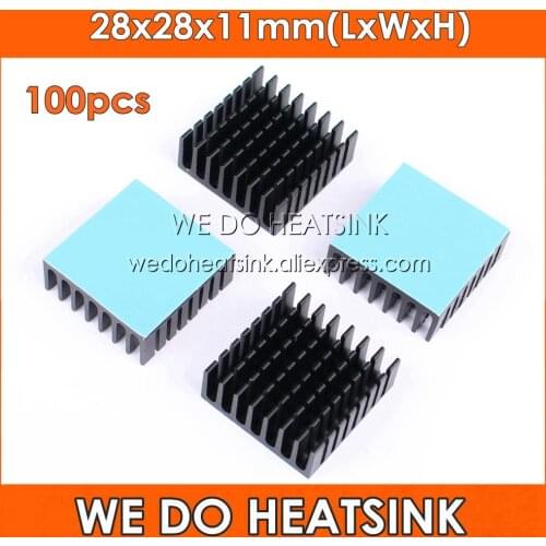 WE DO HEATSINK 100pcs 28x28x11mm Black Slotted Anodized Aluminum Heatsink Cooler With Thermal Conductive Adhesive Transfer Pads