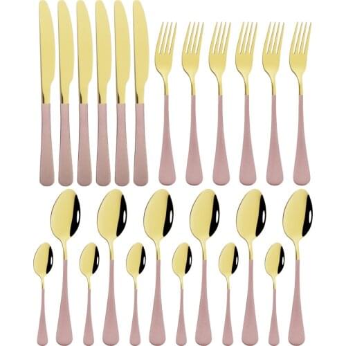 Pink Gold Western Mirror Dinnerware Cutlery Set 24Pcs Flatware Set Fork Knife Spoon Stainless Steel Silverware Tableware Set