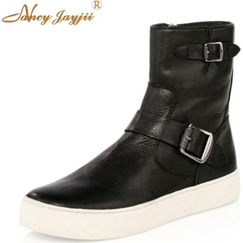 Nancyjayjii Autumn Fashion Black Womens Genuine Leather Flat Heels Ankle Boots Rubber Buckle Casual Women Shoes Zapoto Mujer